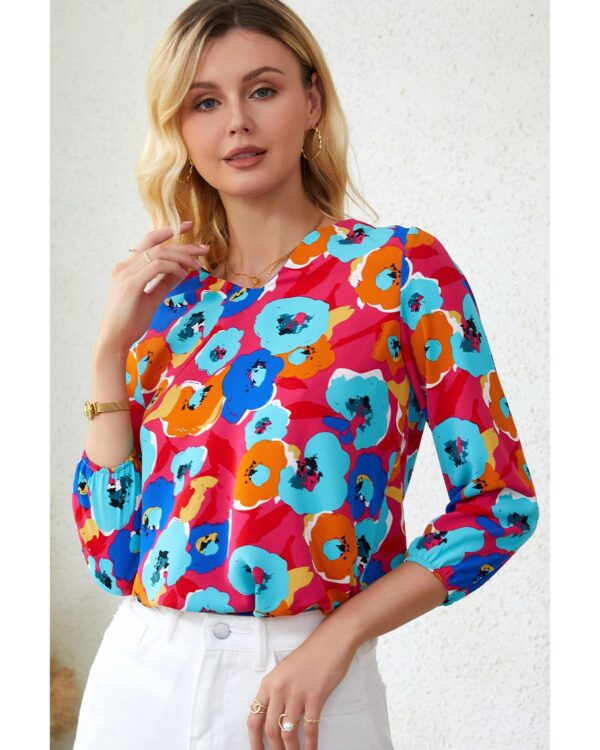 Fanno-Floral Print V Neck 3/4 Sleeve Blouse for Women Comfortable Stylish Everyday Wear