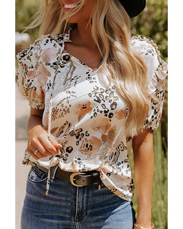 Fanno-Leopard Floral Print Puff Sleeve Blouse for Fashion-Forward Women