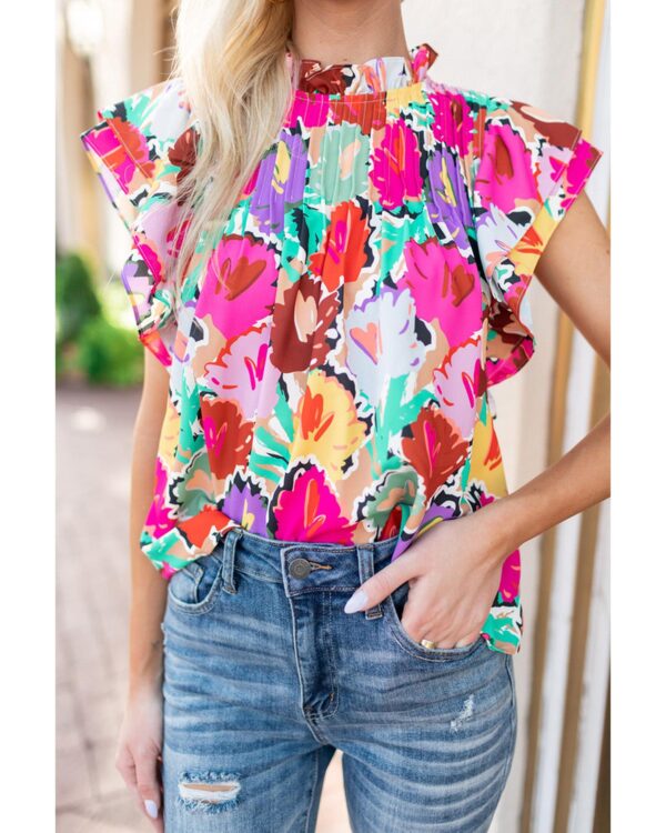 Fanno-Multicolor Abstract Floral Print Frilled Neck Pleated Blouse for Any Occasion