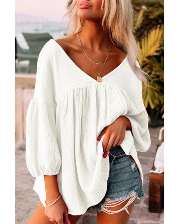 Fanno-Textured V Neck Bracelet Sleeve Babydoll Blouse for Women Stylish Casual Top