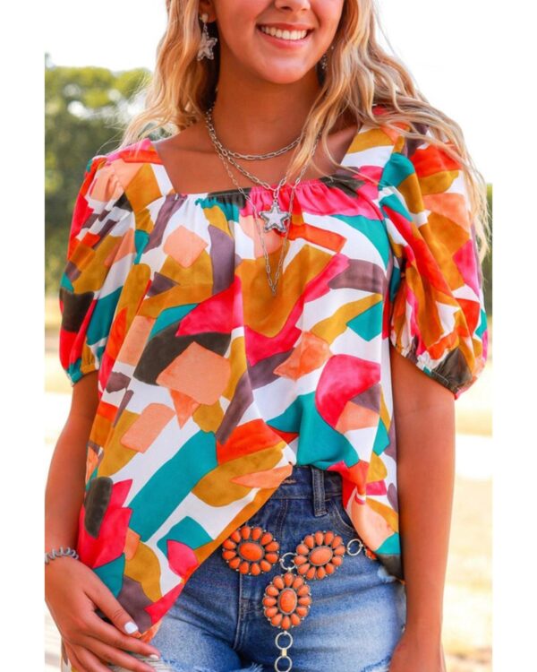 Fanno-Multicolor Square Neck Abstract Print Short Sleeve Blouse for Women XL