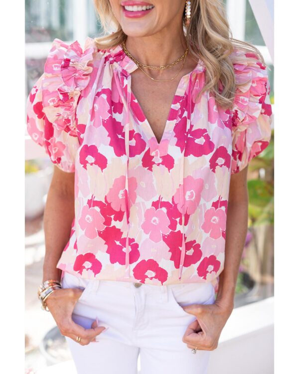 Fanno-Ruffled Floral Top with Split Neck and Puff Sleeves for Versatile