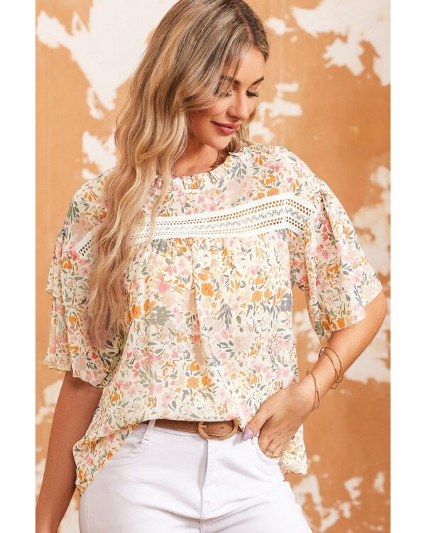 Fanno-Multicolor Floral Print Wide Ruffle Sleeves Blouse for Women Fashion Top