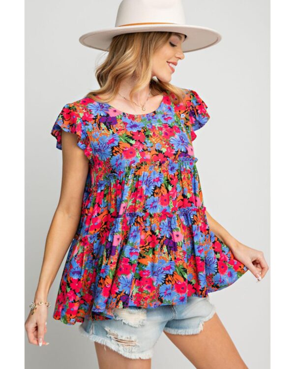 Fanno-Multicolor Floral Print Ruffle Tiered Short Sleeve Babydoll Top for Women XL