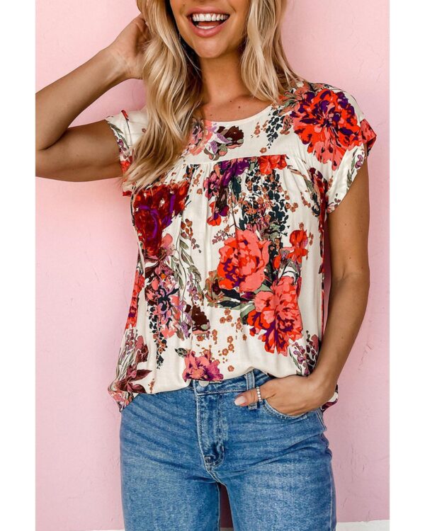 Fanno-Floral Short Sleeve Round Neck Blouse Comfortable Versatile Fashionable Top for Women