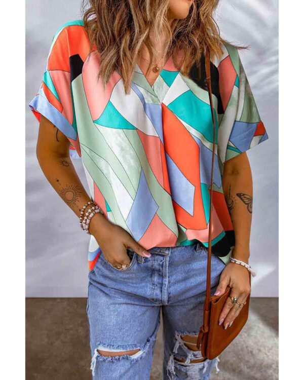 Fanno-Multicolor Irregular Color Block Short Sleeve Blouse for Women Fashion Casual Wear