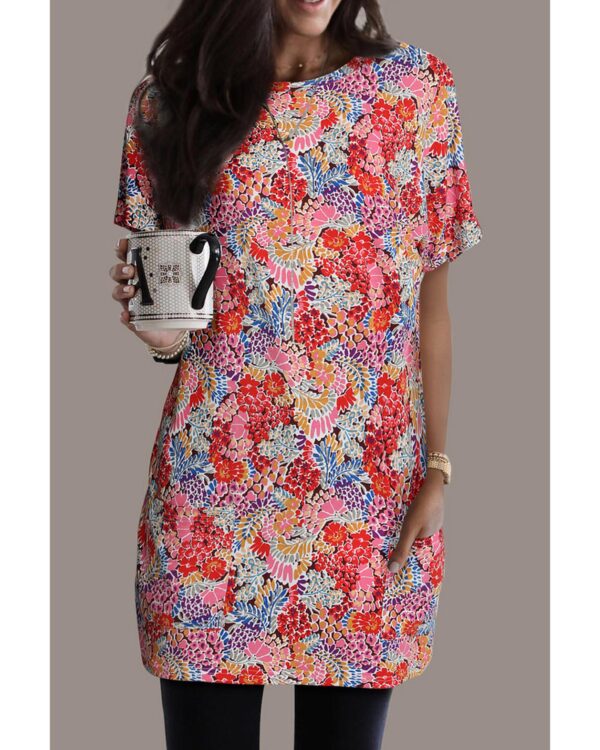 Fanno-Multicolor Boho Flower Print Short Sleeve Tunic Top Comfortable Stylish Casual Wear