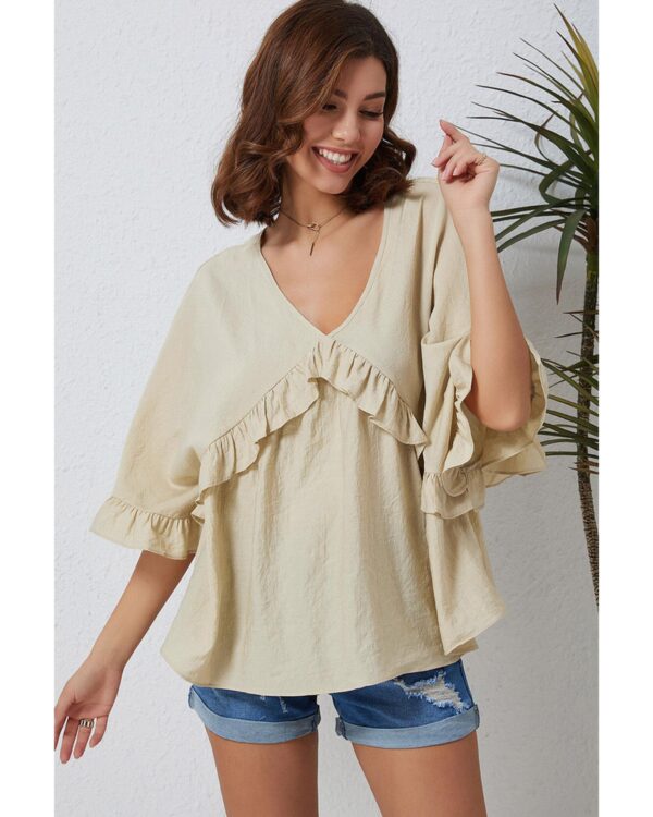 Fanno-V Neck Draped Batwing Sleeve Ruffle Top for Casual and Formal Occasions