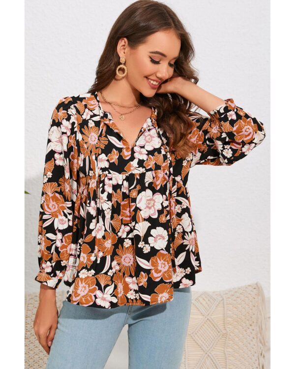 Fanno-Floral Print 3/4 Sleeve Babydoll Blouse for Casual and Formal Occasions XL