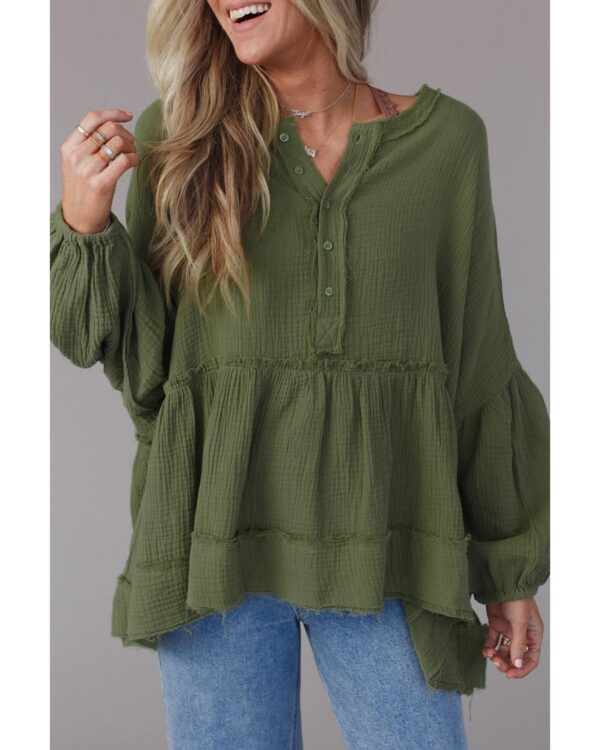 Fanno-Loose Sleeve Green Henley Top with Raw Edge for Women Comfortable Casual Wear