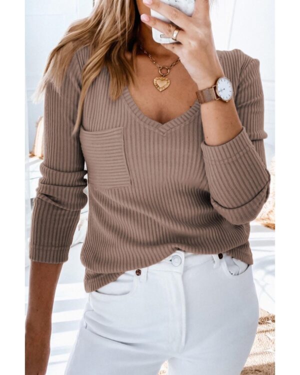 Fanno-Khaki Ribbed Knit Top with Patched Pocket Flattering V-Neck Stylish Casual Wear