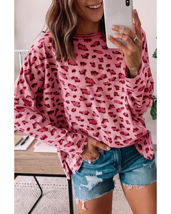 Fanno-Loose Long Sleeve Top for Women with Pink Animal Print Stitching Design