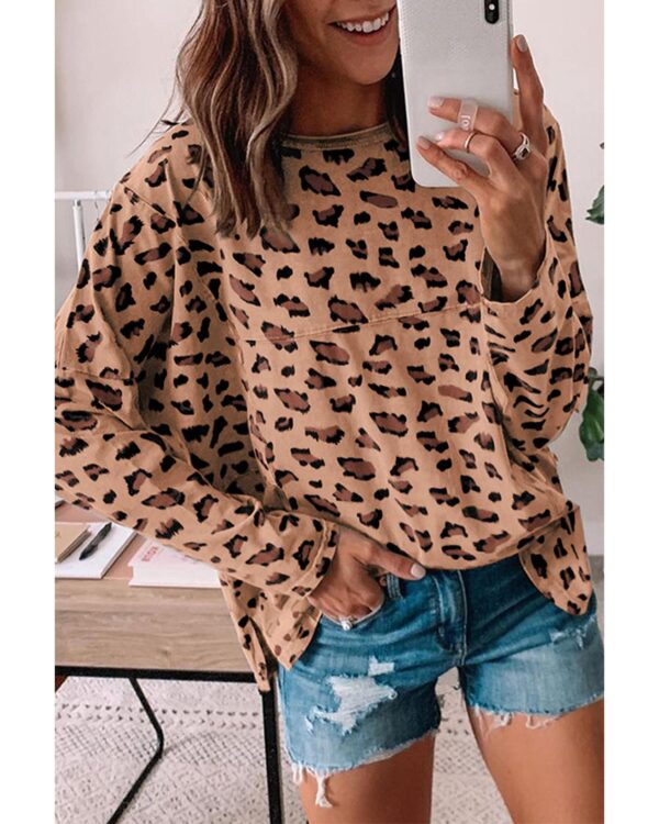 Fanno-Loose Long Sleeve Top with Brown Animal Print Stitching for Casual or Dressy Wear