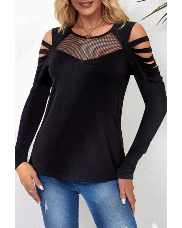 Fanno-Black Mesh Patch Ripped Long Sleeve Top for Women Stylish Trendy Casual Wear XL