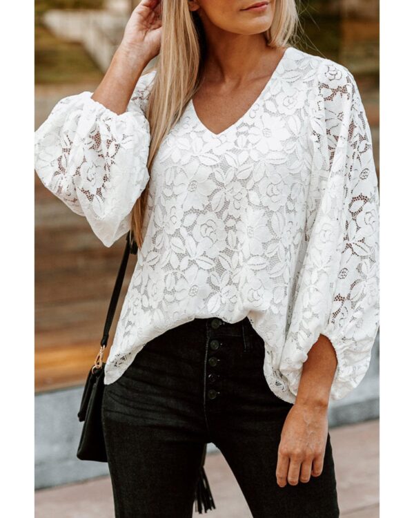 Fanno-Floral Lace Crochet Loose Fit V Neck Top for Women Casual and Formal Wear