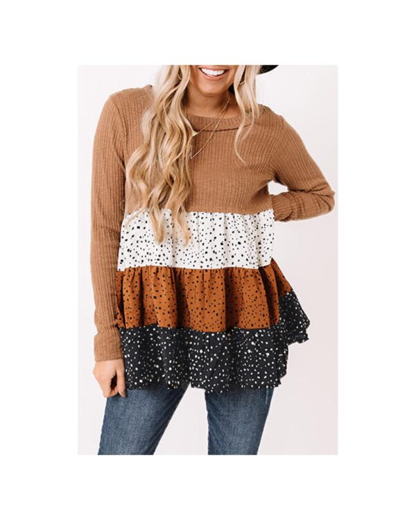 Fanno-Ribbed Long Sleeve Dotted Tiered Ruffled Flowy Top for Women Elegant Fashion