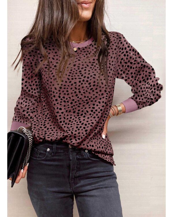 Fanno-Animal Spotted Print Round Neck Long Sleeve Top for Women Casual Wear