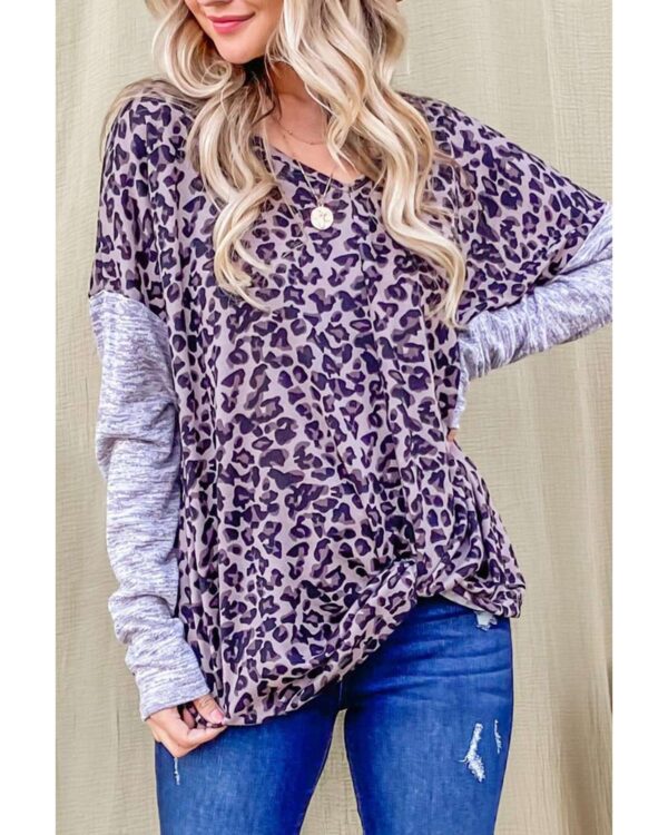 Fanno-Leopard Print Drop Shoulder Patchwork Sleeve Top for Trendy Women Fashion