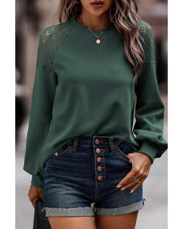 Fanno-Feminine Lace Textured Long Sleeve Pullover Casual Top with Puff Sleeves