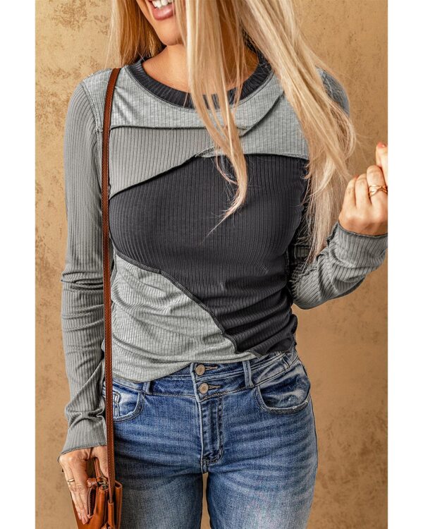 Fanno-Color Block Ribbed Knit Top Gray Stylish Comfortable Versatile Casual Formal Wear