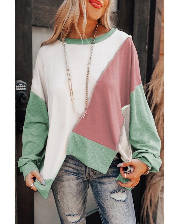 Fanno-Colorblock Stitching Irregular Hem Long Sleeve Top for Stylish Casual Wear