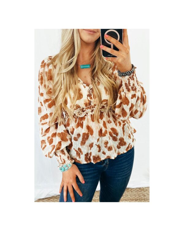 Fanno-Leopard Jacquard Puff Sleeve Peplum Blouse Lightweight V-Neck Daily Fashion Top