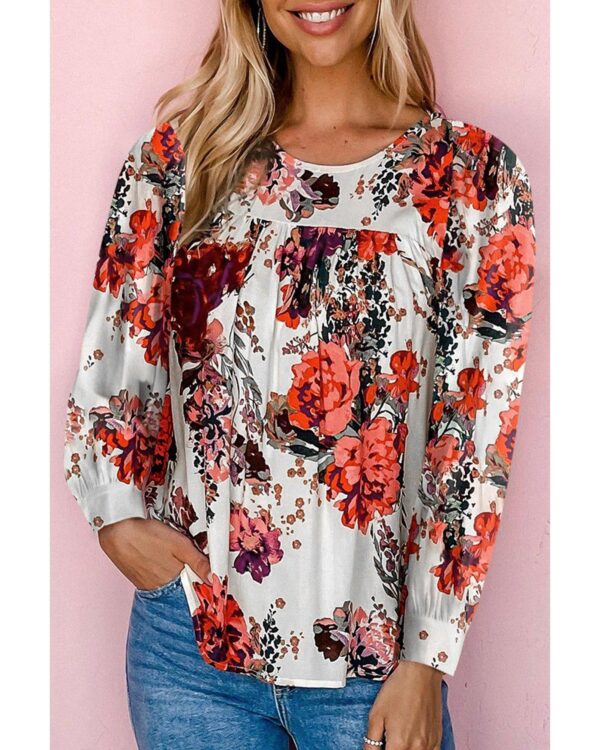 Fanno-Red Retro Floral Long Sleeve Blouse for Casual and Dressy Occasions