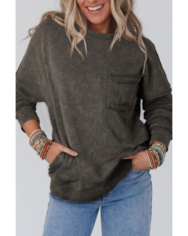 Fanno-Gray Acid Wash Drop Shoulder Long Sleeve Sweatshirt for Women with Pockets XL