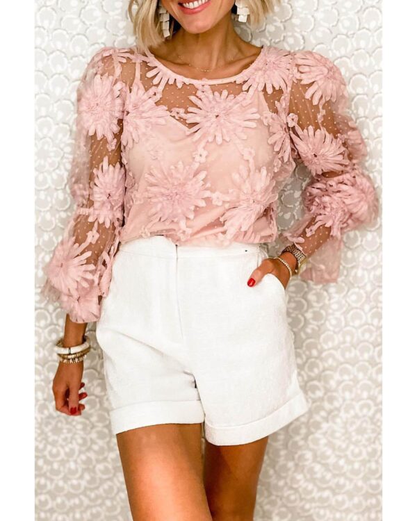 Fanno-Pink Flower Dotted Ruffled Sleeve Mesh Top with Lace Floral Detailing for Women