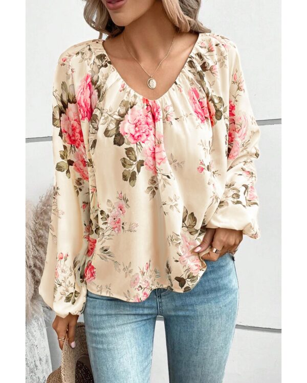 Fanno-Floral Print V-Neck Blouse with Lantern Sleeves for Women in Beige