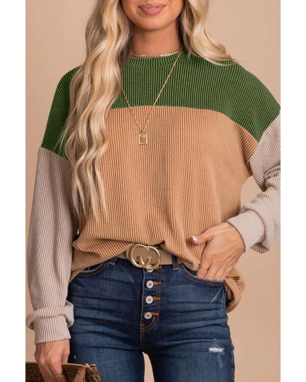 Fanno-Casual Color Block Ribbed Long Sleeve Top for Effortless Chic  L