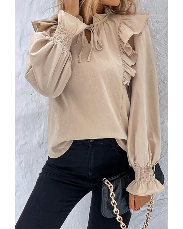 Fanno-Khaki Ruffled Lace Up Bubble Sleeve Blouse for Women Stylish Casual Dressy Wear