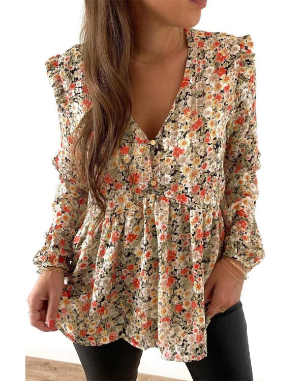 Fanno-Floral Ruffled Babydoll Blouse for Women with Bubble Sleeves and Button Detail