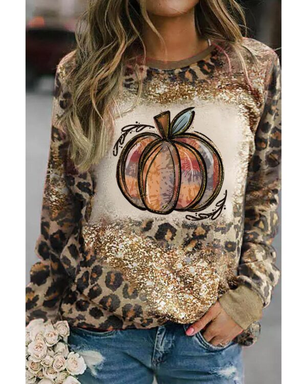 Fanno-Leopard Tie Dyed Long Sleeve Top with Pumpkin Graphic for Trendy