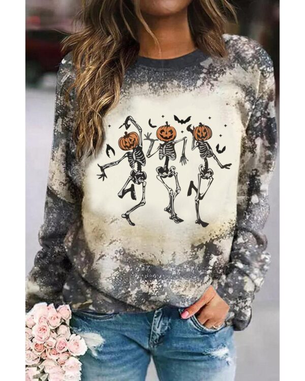 Fanno-Multicolor Tie Dye Long Sleeve Top with Dancing Skeleton Print for Halloween