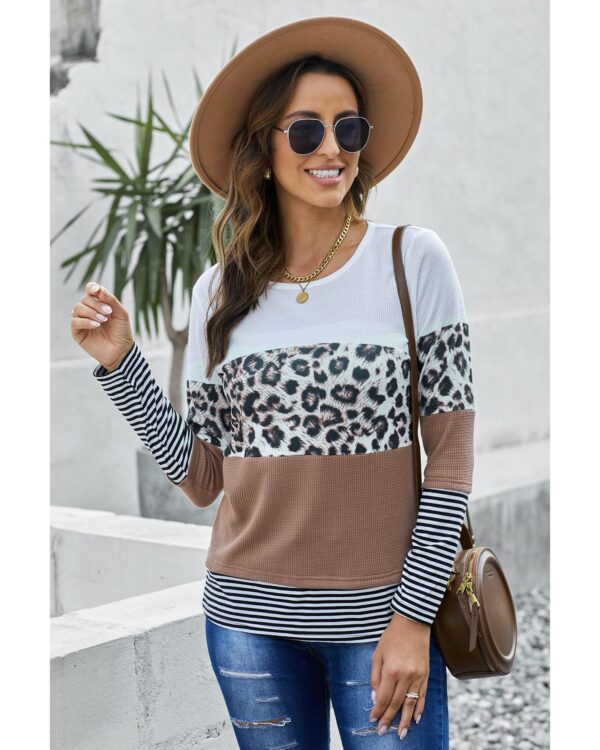 Fanno-Stylish Colorblock Long Sleeve Top with Stripes and Leopard Print for Women