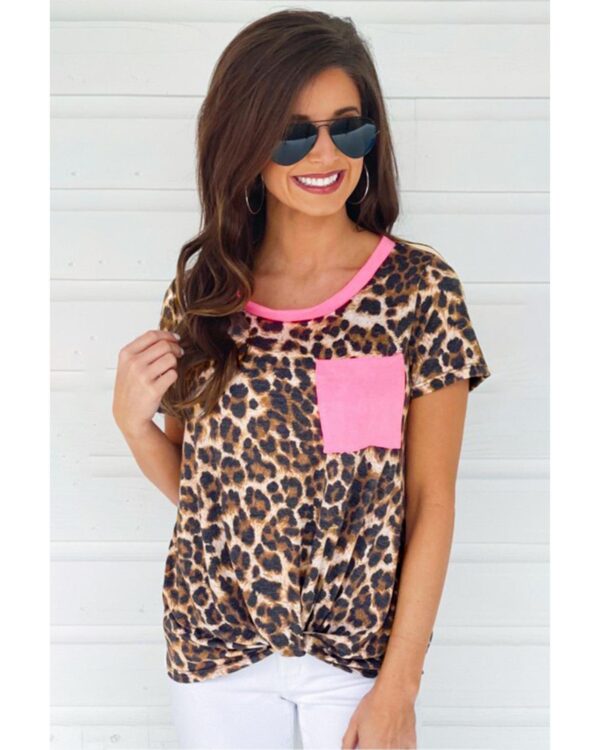 Fanno-Neon Pink Leopard Pocket T-shirt for Women Comfortable Stretchy Fit