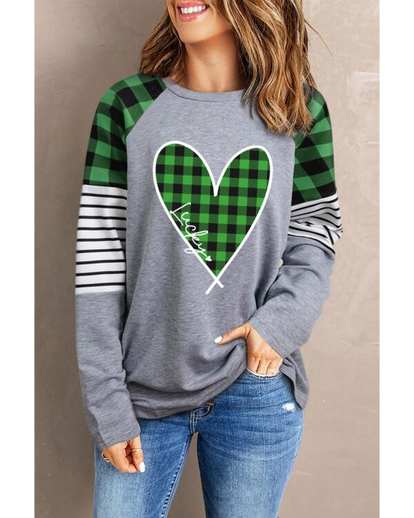 Fanno-Plaid Heart Striped Color Block Long Sleeve Top for Casual and Semi-Formal Wear