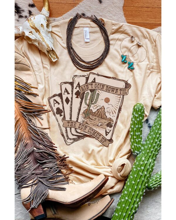 Fanno-Khaki Western Poker Cards Graphic Print Short Sleeve T-shirt for Casual