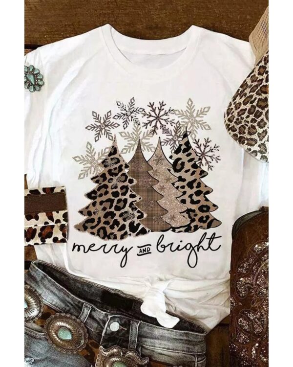 Fanno-Womens Crew Neck Leopard Christmas Tree Graphic Print T-Shirt for Holiday