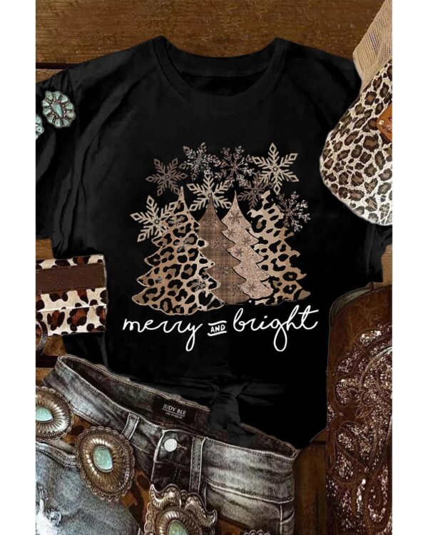 Fanno-Leopard Christmas Tree Graphic Print Crew Neck T-Shirt for Women 2XL