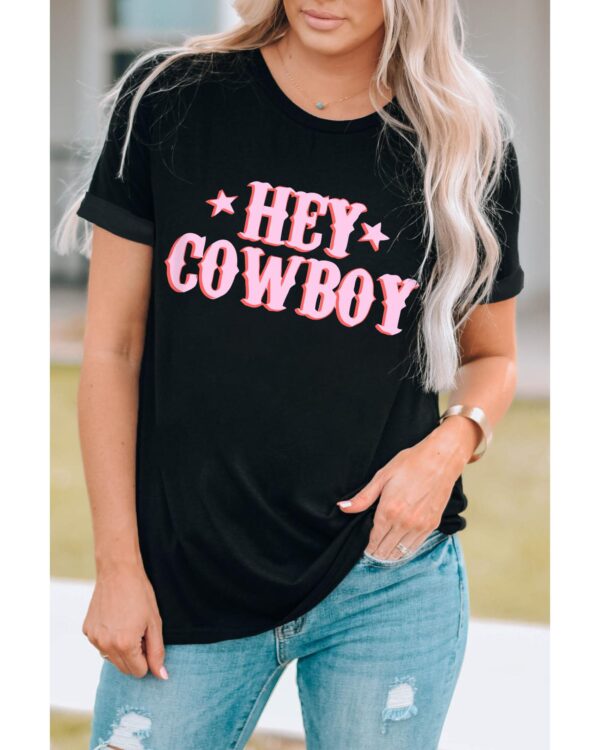 Fanno-Crew Neck T-Shirt with HEY COWBOY Design for Trendy Western  2XL