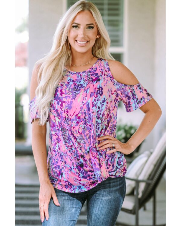 Fanno-Multicolor Lavender Floral Print Cold Shoulder Blouse for Women Elegant Fit