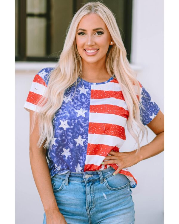 Fanno-American Flag Print Distressed Crew Neck T-Shirt for Casual Everyday Wear