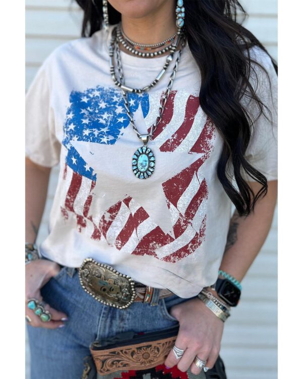 Fanno-American Flag Star Graphic Print Crew Neck T-Shirt for Women Casual Wear 2XL