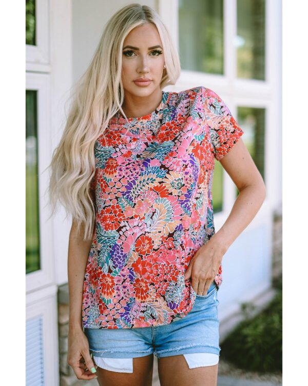 Fanno-Floral Print Short Sleeve Slim Fit T-Shirt for Women Casual Chic