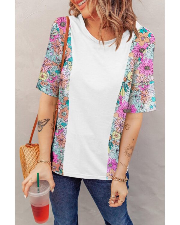 Fanno-Floral Print Patchwork Short Sleeve Top Stylish Comfortable Versatile Multiple Sizes