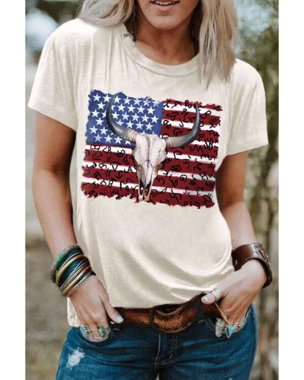 Fanno-Graphic Tee with Bull Skull and American Flag for Casual Wear and Comfort