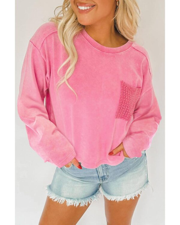 Fanno-Pink Lace Patch Pocket Long Sleeve T-shirt for Women Soft Casual Fashion Top