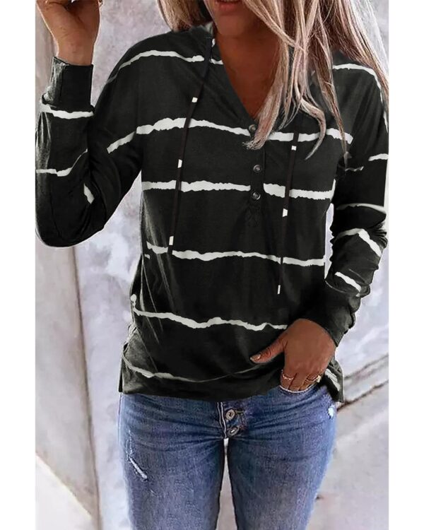 Fanno-Striped Drawstring Button Long Sleeve Hoodie for Comfort and  in Cotton